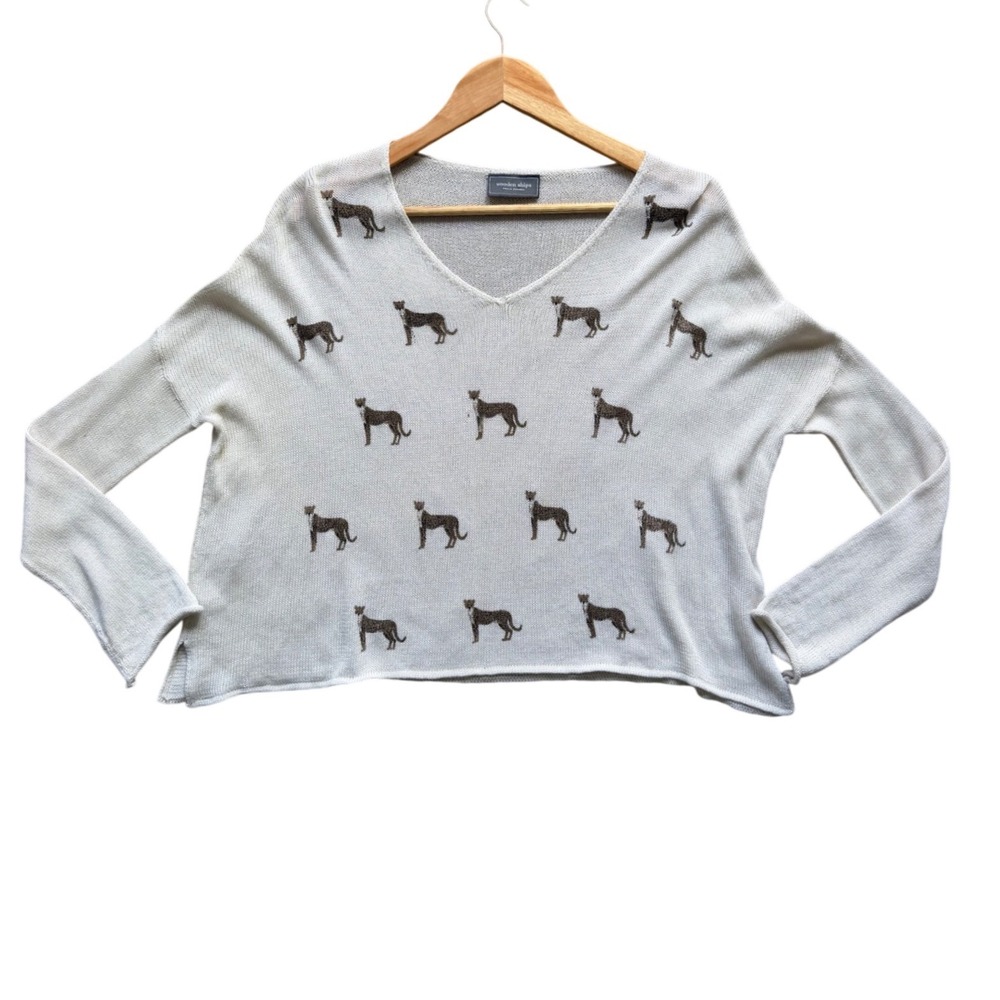 Wooden Ships Sweater Womens S/M V-Neck Ivory Cheetah Animal Print EUC